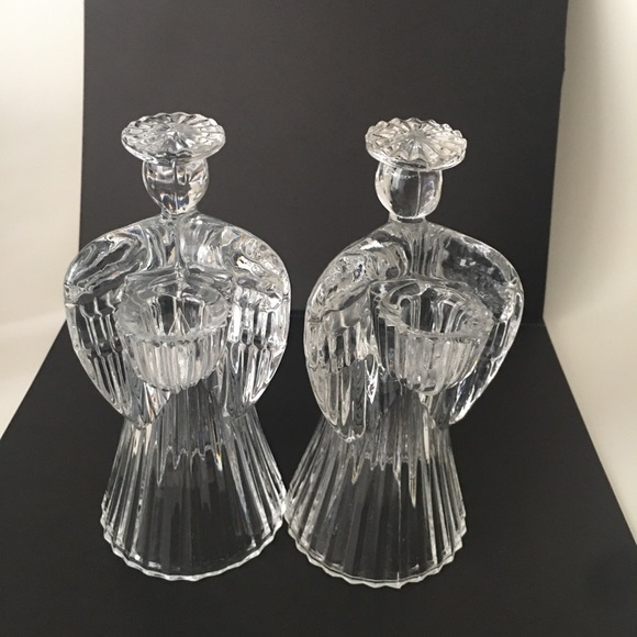 Avon Vintage 24% Lead Crystal Glass Praying Angels Candle Holders Set 7" Holiday - Picture 4 of 16